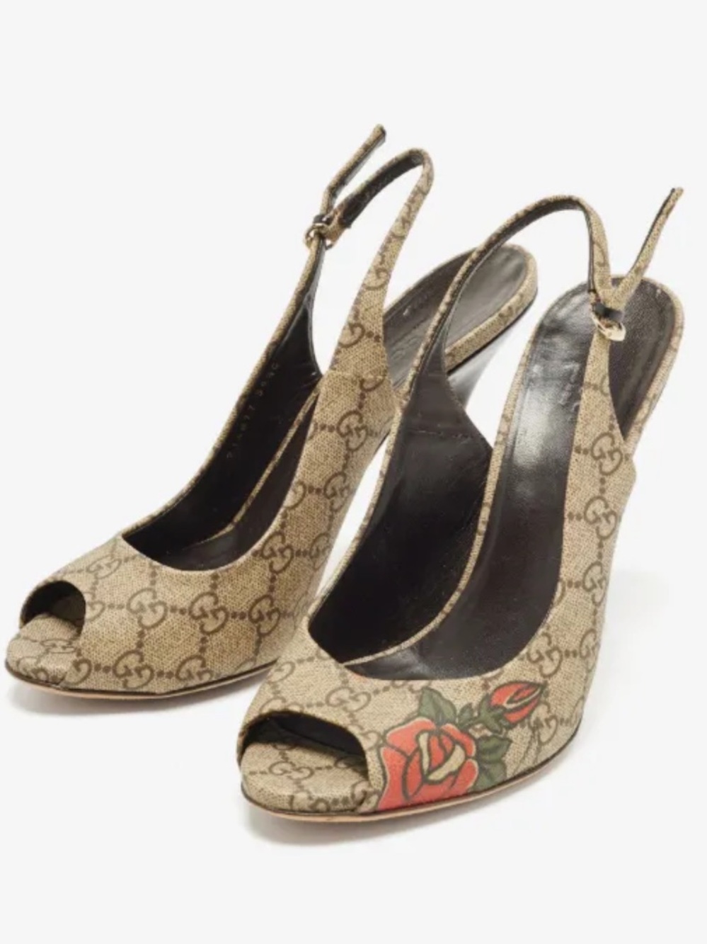 Gucci Beige GG Supreme Peep-Toe Slingback Pumps with Red Rose Motif